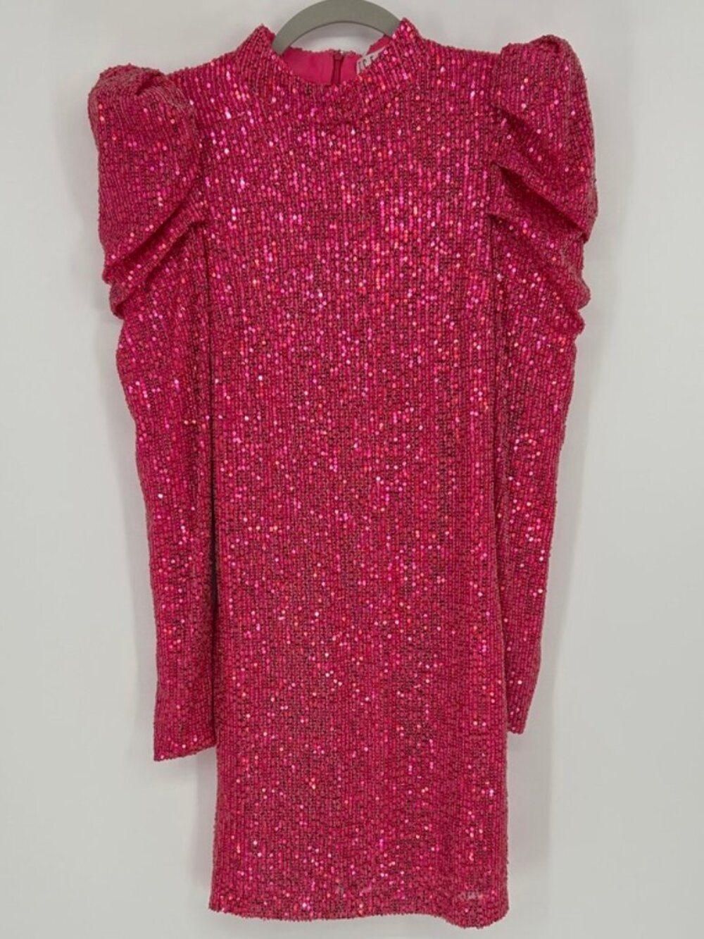 TCEC Fuchsia Pink Sequin Puff Sleeve Mini Dress Small NYE Holiday Glam Cocktail